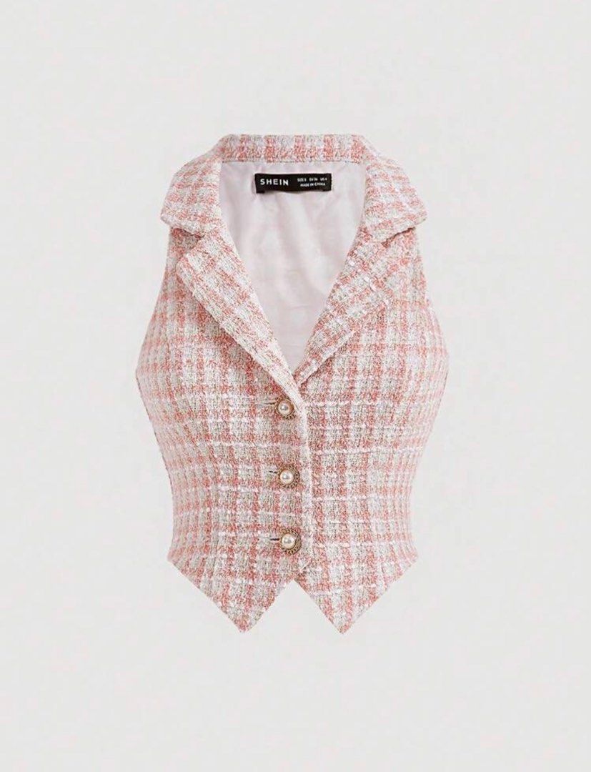 Plaid Lapel Tweed Vest (Category: Sleeveless) located in Rizal. Submitted by beaa23 (Listing ID 1307485313, Image 1). Description: Rfs: Decluttering *Used once for an event Sleeveless Waistcoat Tweed Plaid Button front Aesthetic Barbie Cowgirl Cottagecore.