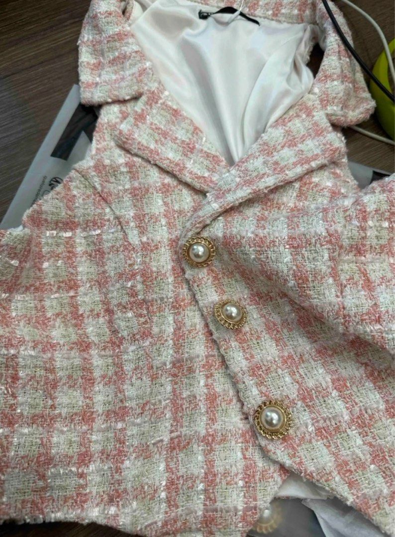 Plaid Lapel Tweed Vest (Category: Sleeveless) located in Rizal. Submitted by beaa23 (Listing ID 1307485313, Image 2). Description: Rfs: Decluttering *Used once for an event Sleeveless Waistcoat Tweed Plaid Button front Aesthetic Barbie Cowgirl Cottagecore.