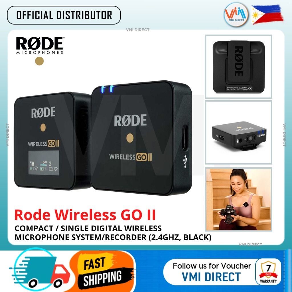 Rode Wireless GO II Compact / Single Digital Wireless Microphone System/Recorder (2.4GHz, Black) (Category: Microphones) located in Manila. Submitted by vmidirect (Listing ID 1307435530, Image 1). Description: cRode Wireless GO II 2-Person Compact Digital Wireless Microphone System/Recorder (2.4 GHz, Black) Key Features ✔️ 2-Person Interviews, Vlogs & Podcasts ✔️ Built-In Omni Mics & 3.5mm Mic Inputs ✔️ 2 x Mini Clip-On Transmitters/Recorders ✔️ 