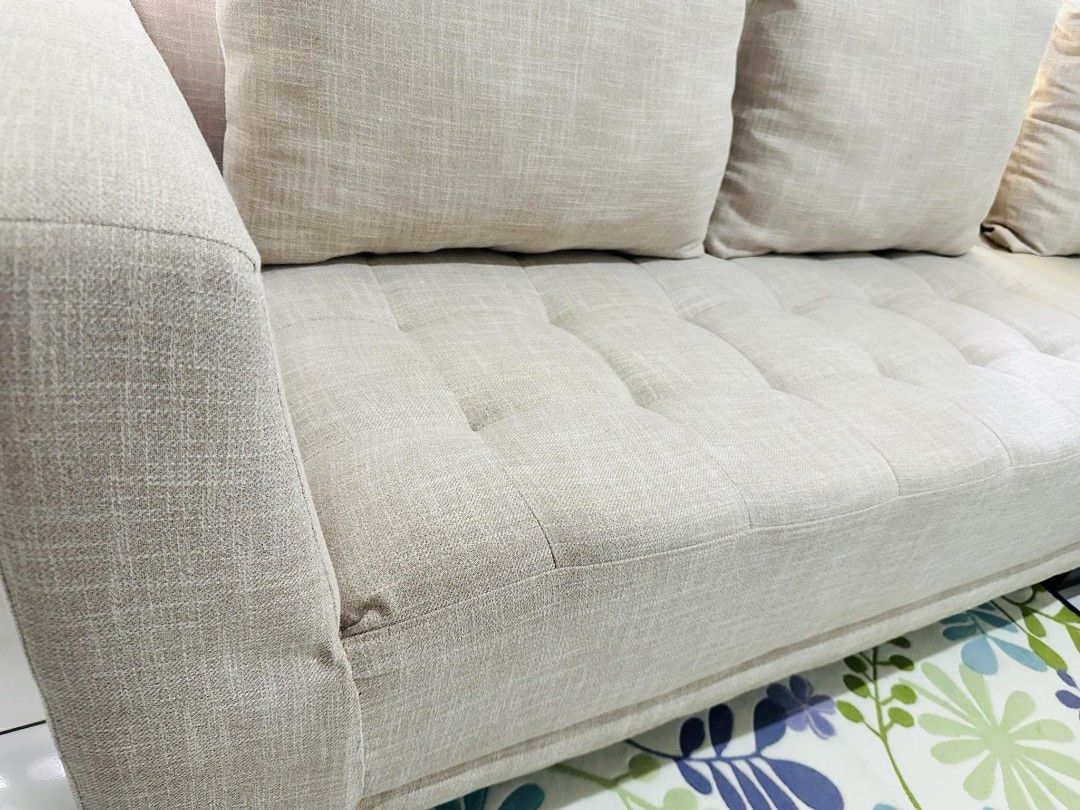 Sofa (Category: Sofas) located in Bacoor. Submitted by marvzblanc (Listing ID 1307490407, Image 3). Description: For Sale! Slightly used - like new Cash/card Our Home Contessa sectional sofa Uratex foam,upholstered in textured premium fabric, with brown custom solid wood legs FREE tailored sofa cover Size: L256.54xW152.4xH67cm 3 Seater: L172.72xW83.82xH67 Lounge: L83.82XW152.4 XH67 Orientation: RIGHT facing the item Cash & card payment accepted ₱