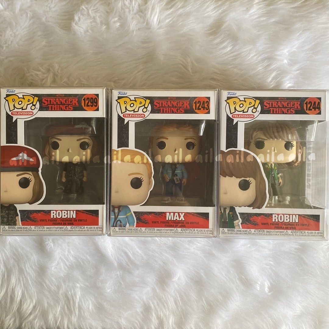 Stranger Things S4 Funko Pops (Category: Designer & Blind Box Toys) located in Pasig City. Submitted by ailacrochets (Listing ID 1307436350, Image 1). Description: for sale: stranger things s4 pops Robin 1244 - SOLD Robin 1299 - ₱650 Max 1243 - SOLD - with free protector - box condition: 9.5-10 - only oob once for checking - can send more photos via pm - mop: gcash - shipping via GoGo Xpress, Grab/Lalamove - loc: Cainta/Pasig City - rfs: declutte