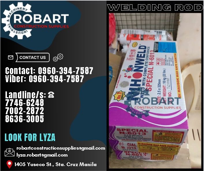 Welding Rod (Category: Construction Tools & Equipment) located in Manila. Submitted by lyzarobart1999 (Listing ID 1307475447, Image 1). Description: Welding Rod 6013 2.5mm x 10kls Brand: Nihonweld 𝐒𝐄𝐍𝐃 𝐔𝐒 𝐌𝐄𝐒𝐒𝐀𝐆𝐄 𝐅𝐎𝐑 𝐈𝐍𝐐𝐔𝐈𝐑𝐈𝐄𝐒 ❗️ 0 9 6 7 3 8 1 8 2 2 7 0 9 6 0 3 9 4 7 5 8 7 𝐋𝐚𝐧𝐝𝐥𝐢𝐧𝐞 𝐍𝐮𝐦𝐛𝐞𝐫𝐬: 𝟕 𝟕 𝟒 𝟔 - 𝟔 𝟐 𝟒 𝟖 / 𝟕 𝟎 𝟎 𝟐 - 𝟐 𝟖 𝟕 𝟐 / 𝟖 𝟔 𝟑 𝟔 - 𝟑 𝟎 𝟎 𝟓 𝐋𝐎𝐎𝐊 𝐅𝐎𝐑 𝐋𝐘𝐙𝐀 𝘌𝘮𝘢𝘪𝘭: