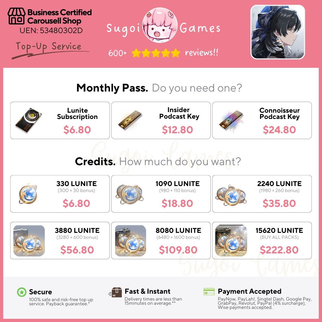 🌸Wuthering Waves (WuWa) TopUp Service Lunite Login Required , Video Gaming, Gaming