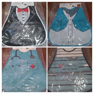 50% off. Bundle Take All 4 Pieces SM Baby Company Mom & Baby plastic easy clean bibs. Tuxedo, Cowboy, Doctor, Feed me and tell me I am handsome.