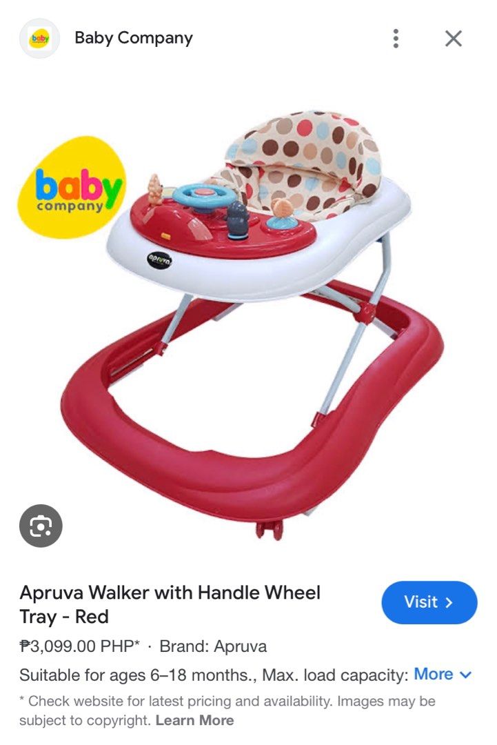 Baby walker (Category: Infant Playtime) located in Bulacan. Submitted by dhadimple (Listing ID 1307579708, Image 1). Description: Baby walker Brand: APRUVA Musical toy tray uses 2AA batteries Adjustable height.