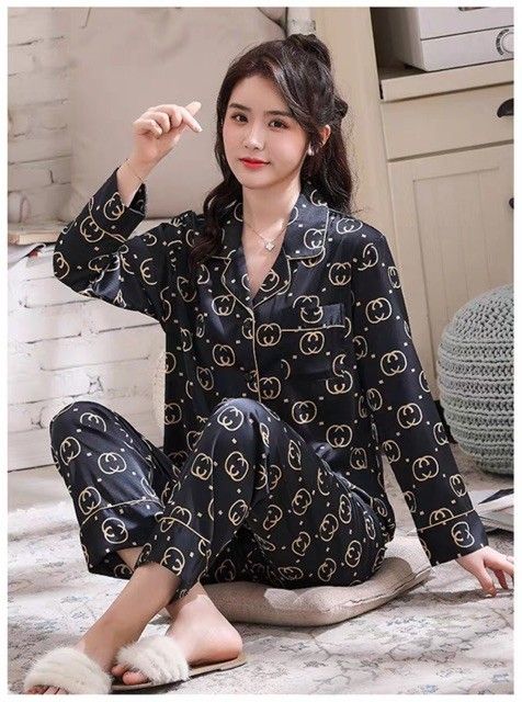 black and gold silk pajama set large