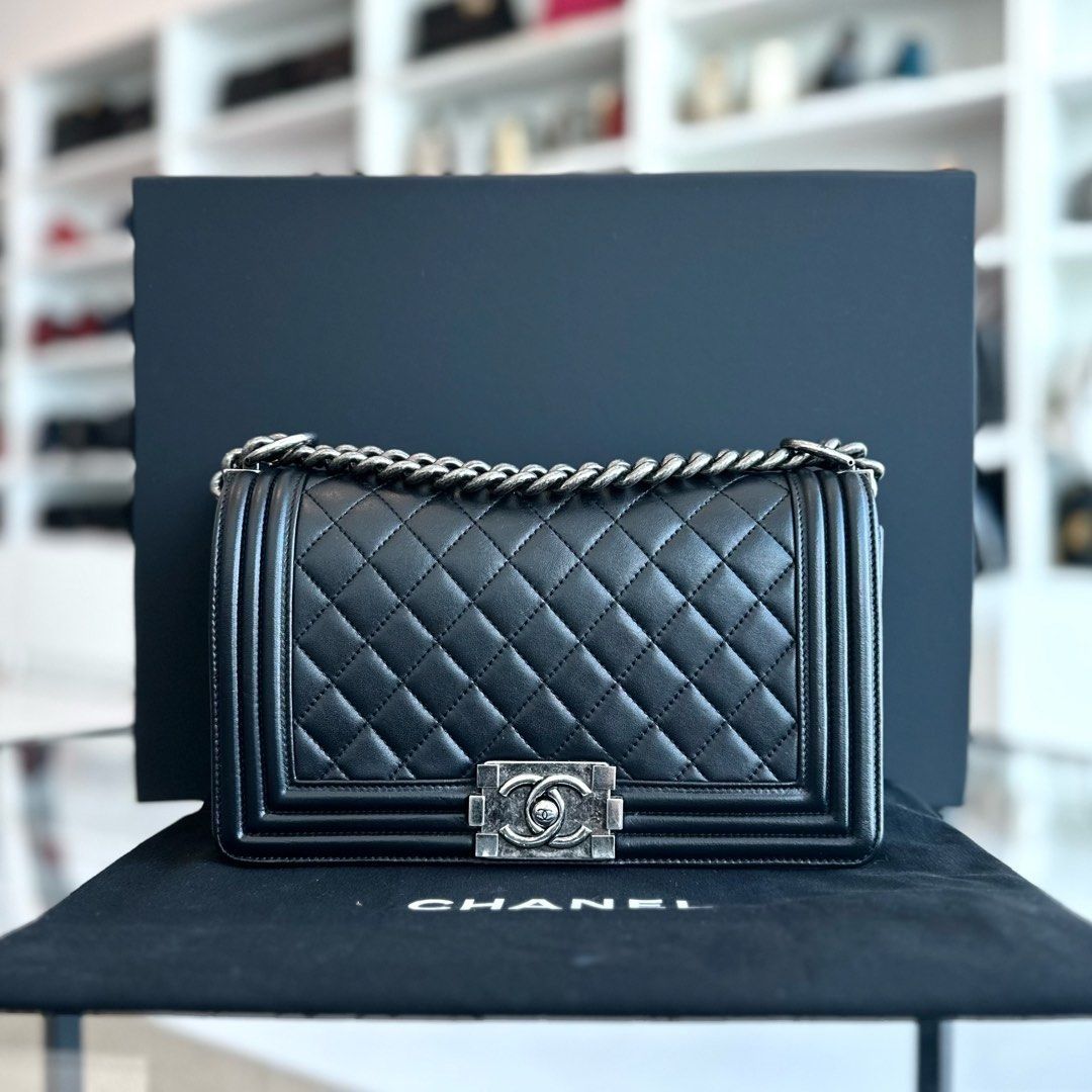 Chanel Boy Old Medium 25CM Lambskin Quilted Leboy Black RSHW No 17