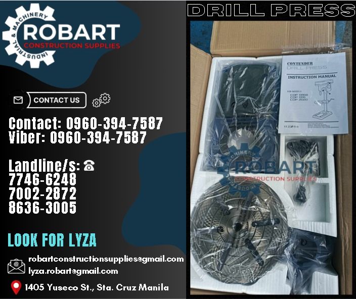 Drill Press (Category: Construction Tools & Equipment) located in Manila. Submitted by lyzarobart11 (Listing ID 1307633480, Image 1). Description: Drill Press Brand: Contender Model: CDP1316 Spindle Travel: 85mm 𝐒𝐄𝐍𝐃 𝐔𝐒 𝐌𝐄𝐒𝐒𝐀𝐆𝐄 𝐅𝐎𝐑 𝐈𝐍𝐐𝐔𝐈𝐑𝐈𝐄𝐒 ❗️ 0 9 6 7 3 8 1 8 2 2 7 0 9 6 0 3 9 4 7 5 8 7 𝐋𝐚𝐧𝐝𝐥𝐢𝐧𝐞 𝐍𝐮𝐦𝐛𝐞𝐫𝐬: 𝟕 𝟕 𝟒 𝟔 - 𝟔 𝟐 𝟒 𝟖 / 𝟕 𝟎 𝟎 𝟐 - 𝟐 𝟖 𝟕 𝟐 / 𝟖 𝟔 𝟑 𝟔 - 𝟑 𝟎 𝟎 𝟓 𝐋𝐎𝐎𝐊 𝐅𝐎𝐑 𝐋𝐘�