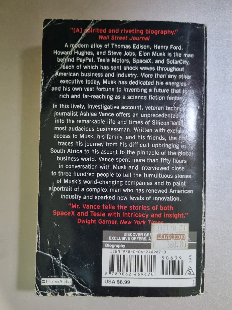 Elon Musk by Ashlee Vance (biography) (Category: Storybooks) located in Quezon City. Submitted by jtarb (Listing ID 1307683749, Image 2). Description: items are in Diliman, Quezon City as is, where is buyer to arrange for/book shipping and shoulder shipping fee books may have folds, creases, handwritten notes, scribbles or even missing pages gcash payment No sh0pee checkout.