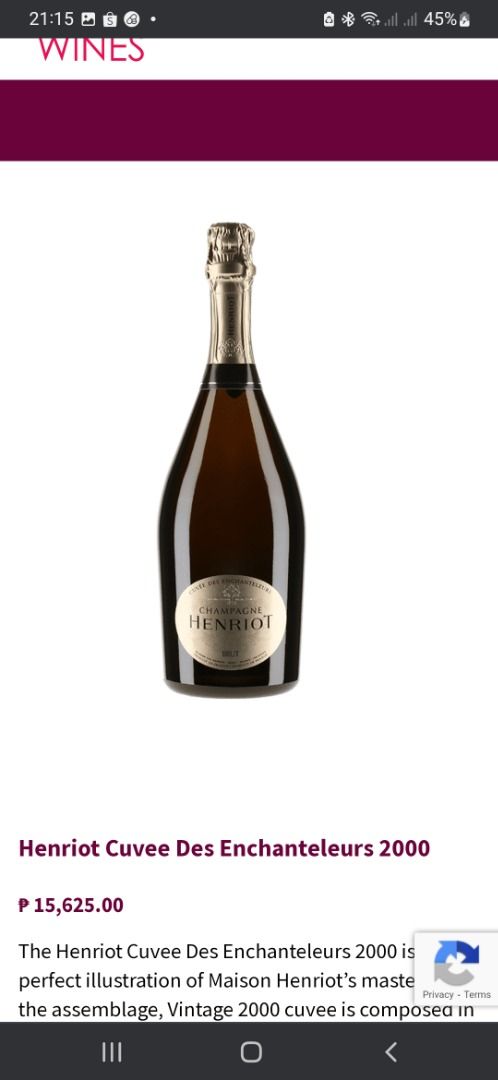 Henriot Cuvee Des Enchanteleurs 2000 (Category: Beverages) located in Cavite. Submitted by cyn45 (Listing ID 1307724345, Image 3). Description: 750ml AUTHENTIC 100% ORIGINAL NO BOX Meet-up in general trias cavite only, or shipping nationwide at buyers expense (payment first policy) Price : 7.5k fixed (retailed price is around 15k per pc).
