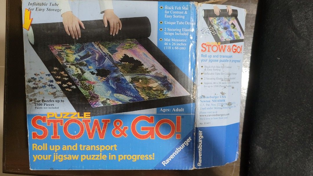 Jigsaw Puzzle Stow & Go (Category: Board Games & Puzzles) located in Davao. Submitted by NearlyNew (Listing ID 1307575079, Image 1). Description: Jigsaw puzzle roll up and transport For puzzles up to 1500 pieces Black delt mat for contrast and easy sorting Inflatable tube for compact storage 46x26 inch mat.