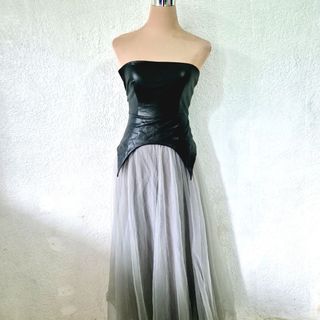 Leather & tulle gown edgy gown tube gown street style dress instagrammable dress unique gown black and grey gown black gown leather gown midi gown