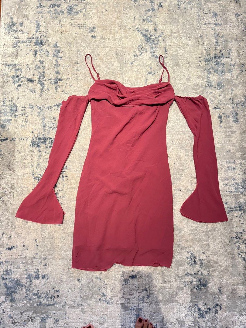 Oh Polly satin lined pink off shoulder dress, Women's Fashion