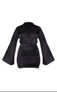 Pretty Little Thing Black Satin Ruched Skirt Bodycon Dress