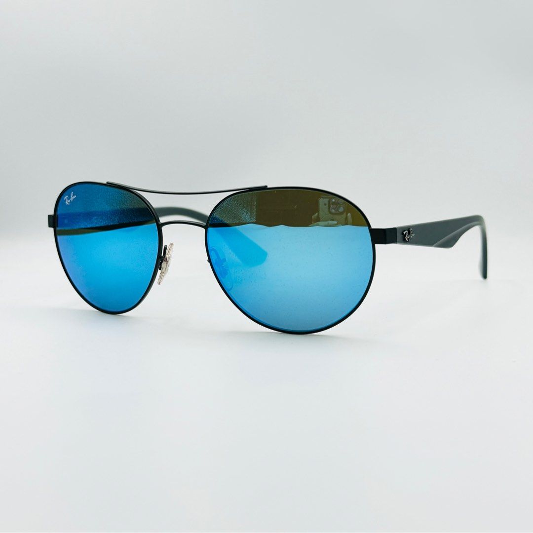 Rayban RB3536 006 55 Round Metal Double Bridge Matte Black w Blue Mirror 55