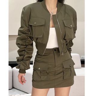❗️SALE❗️ HQ Retro Vintage Army Green Bomber Jacket and Mini Skirt Coordinates / Winter Outfit