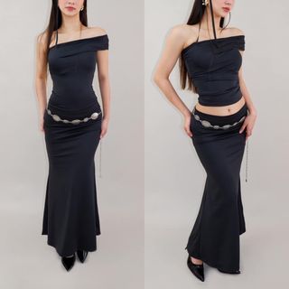 ❗️SALE❗️Most Beautiful Many Ways to Wear Dark Grey / Grey One side Off Shoulder Asymmetric Top and Bodycon Maxi Long Skirt Coordinates Set / Long Dress