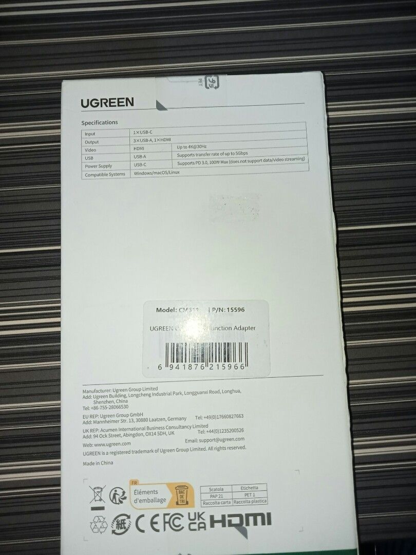 Ugreen USB-C Adapter (Category: Cables & Adaptors) located in Marikina City. Submitted by rafer.shop (Listing ID 1307736826, Image 2). Description: Delivery will be paid by buyer Specifications: Type: HUB USB connector standard: 3.2nd gen 1 Plug: USB-C Ports: 3 x USB 3.2 gen. 1,1 x HDMI 2.0, 1 x SD card reader, 1 x TF card reader, 1 x USB Type C PD 100W Transfer speed: up to 5 Gbps Maximum resolution: 4K@30Hz Construction material: Aluminum Dimen