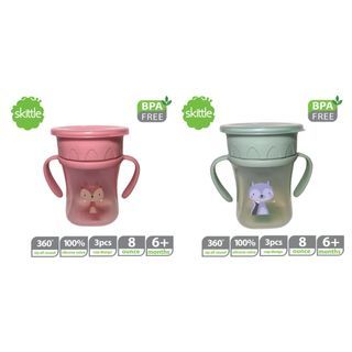 60% off. Bundle Take All 2 Pieces SM Baby Company Skittle All around sipper training cup with handle and cover case. Pink fox, and Green wolf. 8oz.