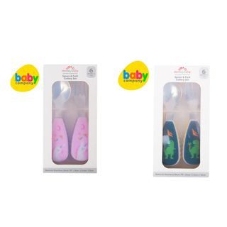 50% off. Bundle Take All 2 Pairs SM Baby Company Mom & Baby Stainless Spoon and Fork Cutlery Set with Case. Pink Unicorn, and Blue Green Dinosaur.