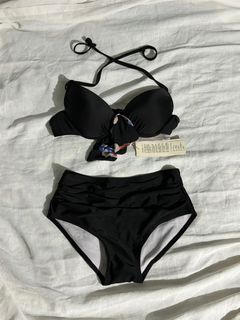 4-in-1 Black Swimsuit Bikini Highwaist Small Padded Push up Bra with Cover Up