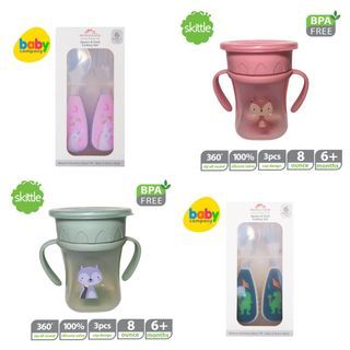 80% off. Bundle Take All 4 Pieces. SM Baby Company Skittle 8oz All Around Sipper Training Cup with Handle and Cover Case in Pink Fox, and Green Wolf. Mom & Baby Stainless Spoon and Fork Cutlery Set with Case in Pink Unicorn, and Blue Green Dinosaur.