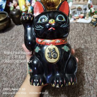 7.3" BLACK VINTAGE MANEKI NEKO LUCKY CAT CERAMIC COIN BANK FIGURINE • JAPAN SURPLUS