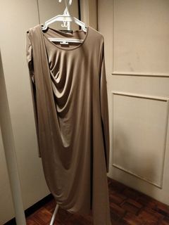 Collezione C2, dress, sash/belt, draped, Grecian, maxi, long sleeves, jersey, gold, mocha, size 2, S to M
