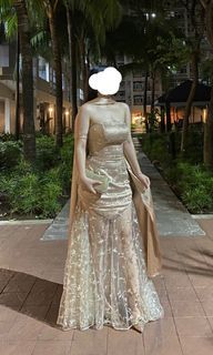 Gold Silk and Tulle Floral Evening Prom Dress with Scarf for Rent