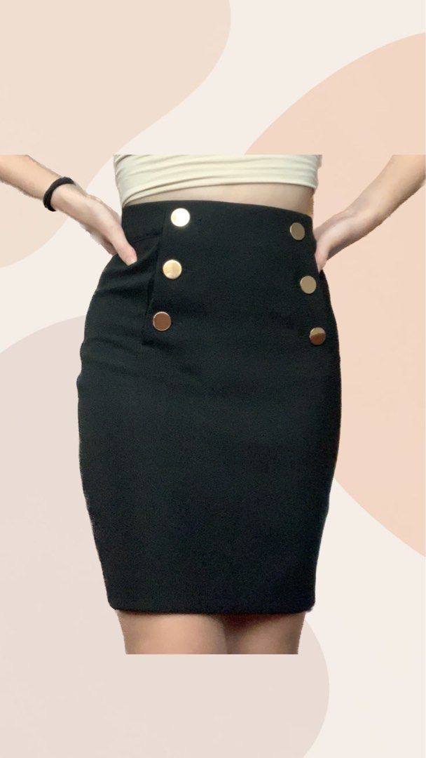 H M Black Tight Bodycon Work Formal Skirt with Gold Buttons and Zip Women s Fashion Bottoms Skirts on Carousell