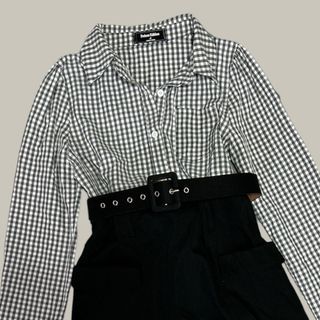 Korean Black and White Plaid Checkered Longsleeves and Black Skirt Casual Dress Women Preloved Used