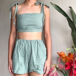 Linen Coordinates - Self Tie Cami Top & Garterized Shorts Coords Summer Sage Light Pale Green