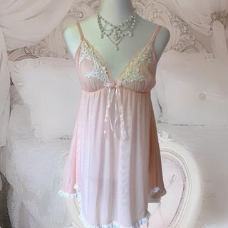 peach sheer silk lace lingerie top dress w cute charm