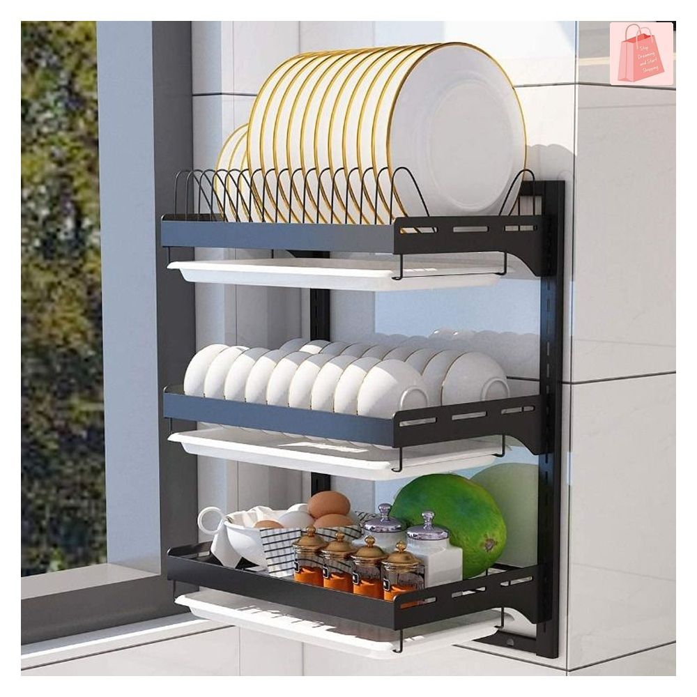 SG stock Pusdon Wall Mounted Dish Drying Rack 3 Tier Stainless Steel Hanging Dish Drainer with Cutlery Holder Drainboard and Hooks Fruit