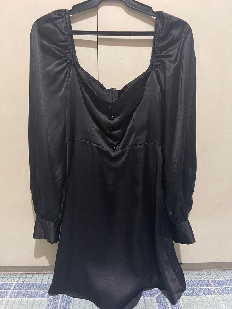 Shein Black Silk Dress (Category: Dresses) located in Manila. Submitted by declutter_mnr (Listing ID 1307929072, Image 1). Description: Bought the wrong size. Never been used. Meet up Sm Manila Sm San Lazaro Delivery Grab Lalamove.