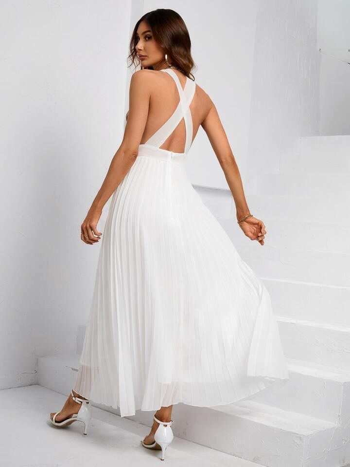 SHEIN Priv Plunging Neck Criss Cross Backless Pleated Hem Dress, Women's  Fashion, Dresses & Sets, Dresses on Carousell