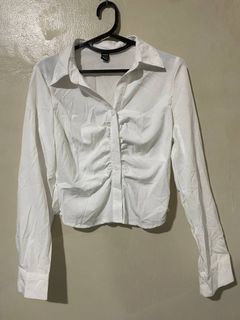 SHEIN Ruched White Front Button Up Shirt
