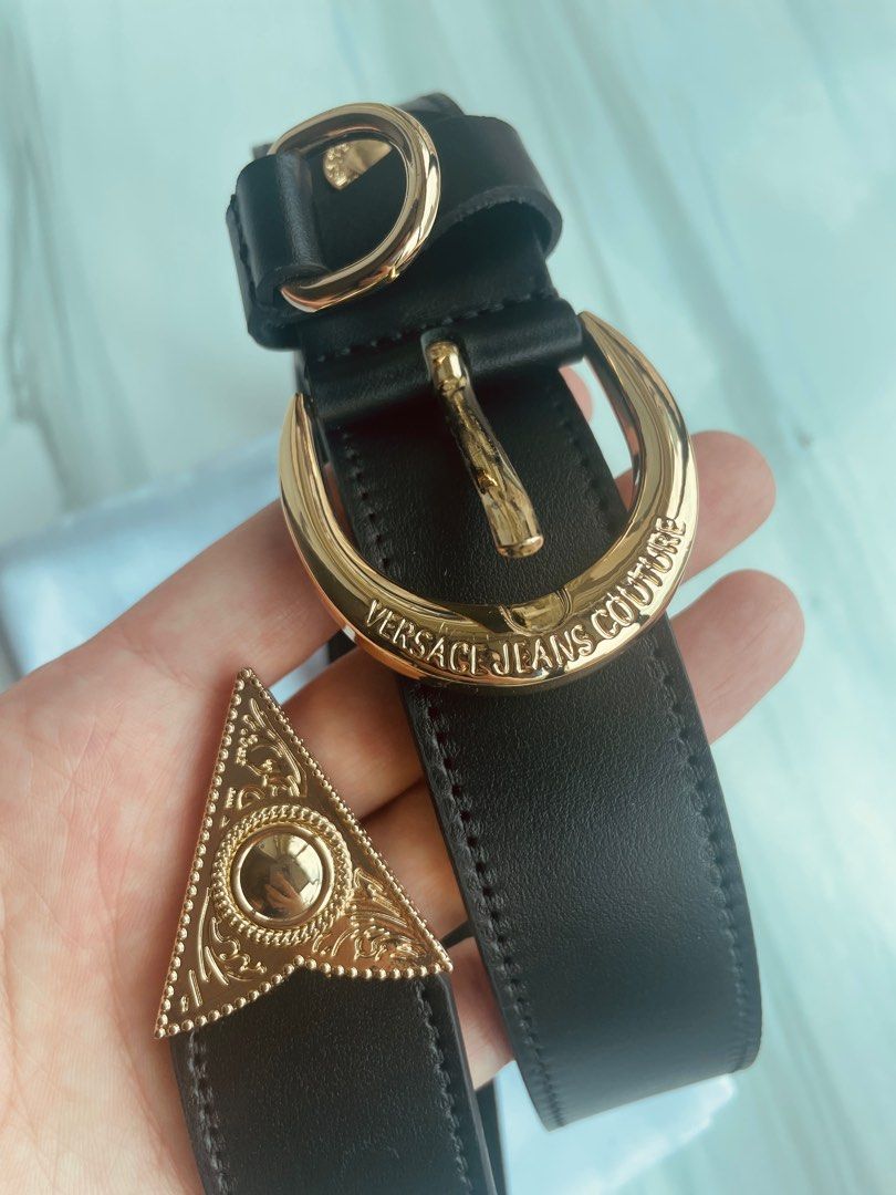 Versace Jeans Couture 黑金真皮belt (size 80), 名牌, 飾物及配件