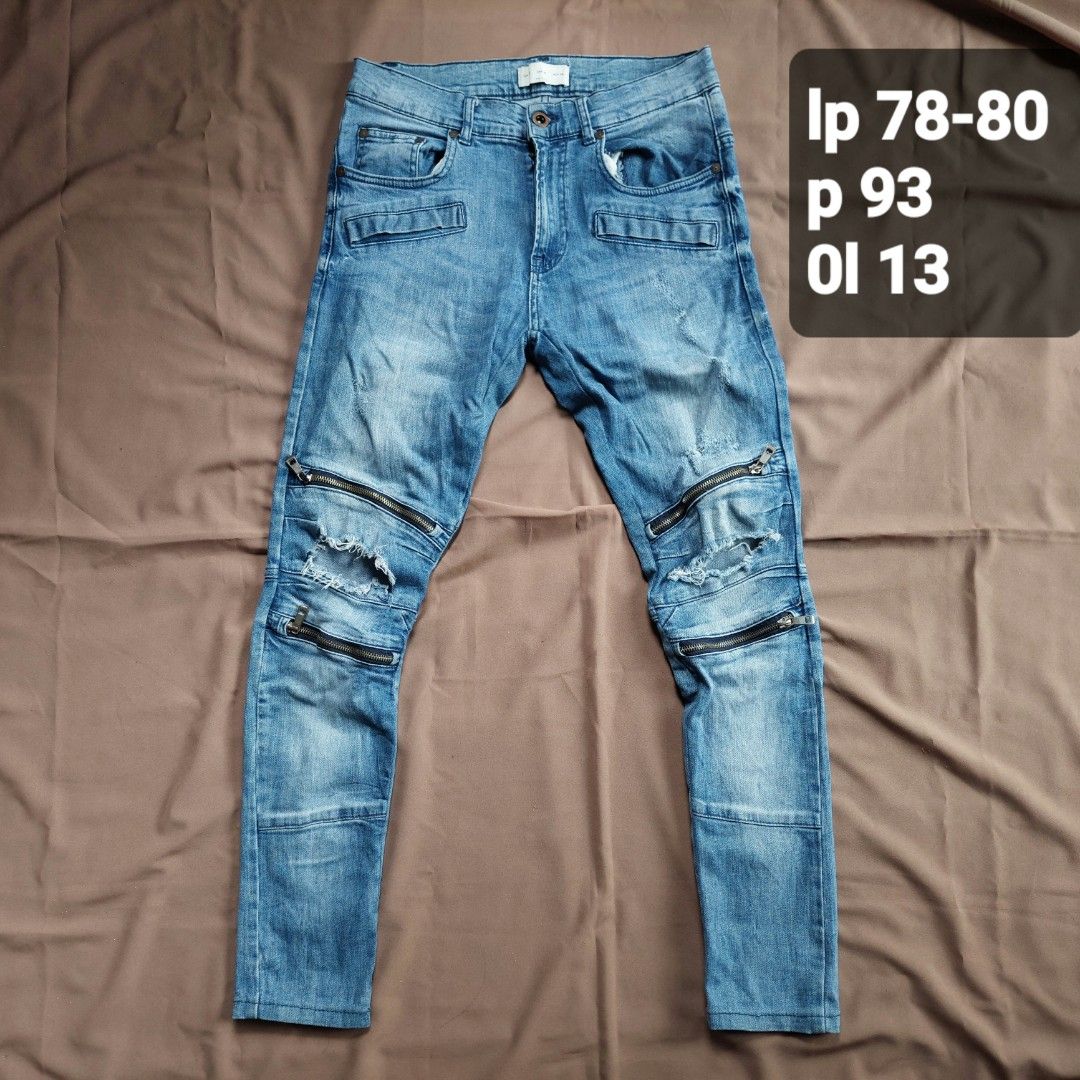 Zara man ripped biker zipper patch skinny jeans not levis h m mnml uniqlo denim dsquared zaraman balmain ripped rucas Fesyen Pria Pakaian Bawahan di Carousell