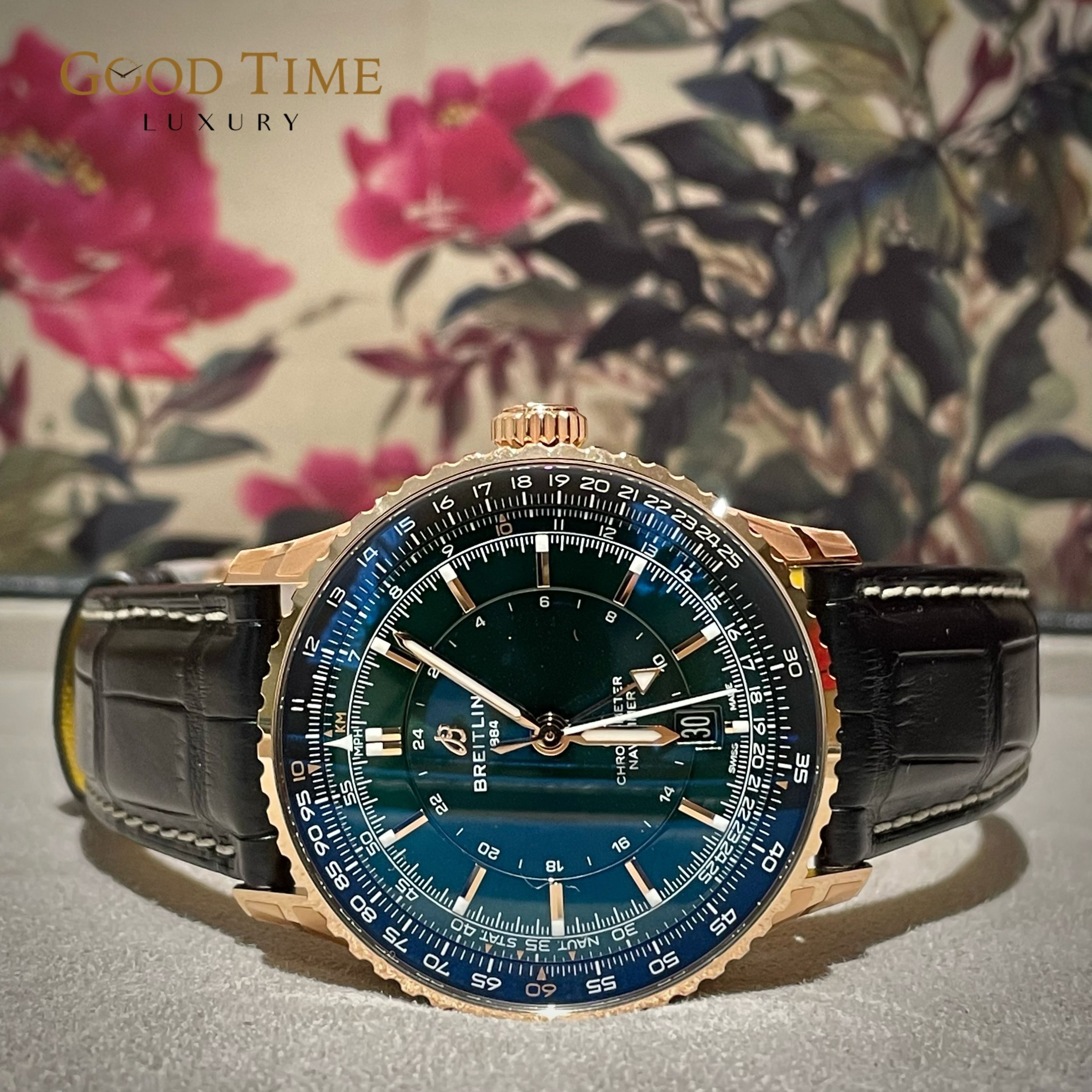 2024 JUNE BNIB Breitling Rose Gold Navitimer GMT 41 Green Dial