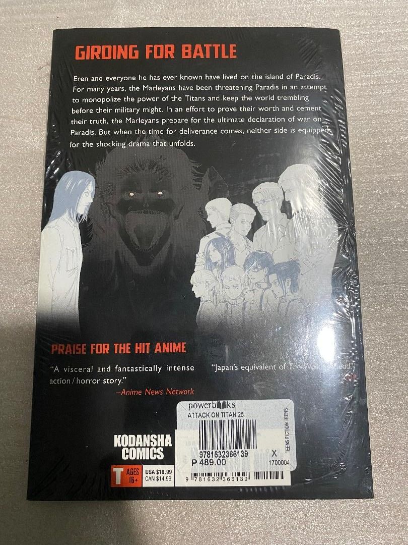 Attack on Titan Volume 25 Manga SEALED (Category: Comics & Manga) located in Manila. Submitted by sammy_99 (Listing ID 1311744330, Image 2). Description: Meet Ups are OK. Meet Up Location: Trinoma, SM North, Mall of Asia, SM Megamall, SM San Lazaro, Fisher Mall, Within City of Manila, or nearby area. P400. Last Price. Attack on Titan Volume 25 Manga SEALED Notes: Photos posted are of the actual item at hand. Sealed..