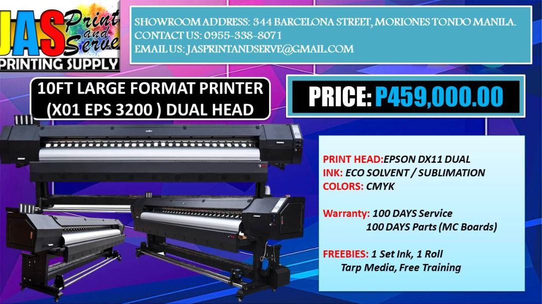BRAND NEW LARGE FORMAT MACHINES (Category: Printers, Scanners & Copiers) located in Manila. Submitted by melvinflor41363 (Listing ID 1311764276, Image 3). Description: Brand New DX11, Dual Head DX11 & i3200 Tarpaulin Sublimation Printer Machine 6ft and 10ft, Brand New Laser Cutter and Brand New Cutter Plotter, Brand New Heat Press and other kind of printing machines. BRAND NEW!! ✅ TARPAULIN PRINTER MACHINE ✅ SUBLIMATION PRINTER MACHINE ✅ DTF MACH