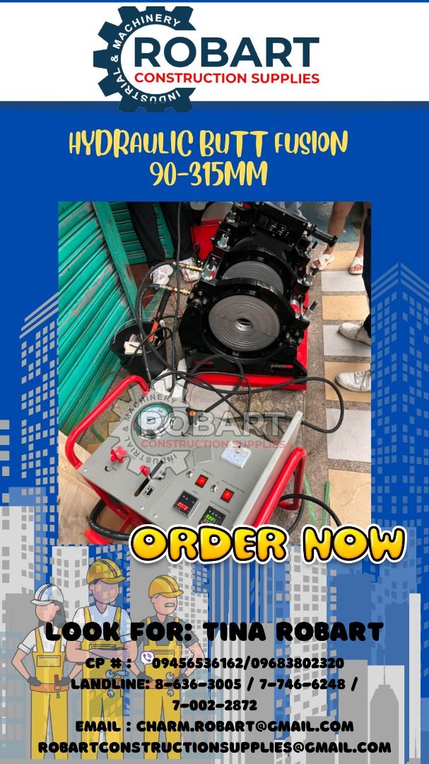 Butt Fusion Machine (Category: Construction Tools & Equipment) located in Manila. Submitted by tina.sales (Listing ID 1311778820, Image 3). Description: Butt Fusion Machine Manual 63 to 200 mm -- ₱28,000 Hydraulic 90 to 315 mm -- ₱120,000 250 to 500 mm -- ₱500,000 ( For Importation ) SEND US MESSAGE FOR INQUIRIES ‼️‼️ ~~TINA ROBART~~ 0 9 4 5 6 5 3 6 1 6 2 0 9 6 8 3 8 0 2 3 2 0 LANDLINE: 8 6 3 6 3 0 0 5 / 7 7 4 6 6 2 4 8 / 7 0 0 2 2 8 7 2 EMAIL : 