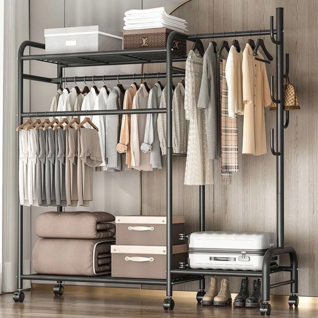 Iron Clothes Drying Rack Durable Metal Clothing Shelf Rack With Wheels Clothes Hanging Laundry Coat Hat Shoe Rack Home Living Room Organisation Storage Shelf Rack Organiser Furniture Furniture
