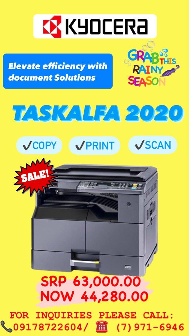 KYOCERA COPIER PRINTER SCANNER (Category: Printers, Scanners & Copiers) located in Manila. Submitted by kyoceraph (Listing ID 1311714627, Image 1). Description: ⚡️KYOCERA BIG SALE PROMO 🖨3 in 1 COPIER-PRINTER-SCANNER 🖨PERFECT FOR OFFICE AND BUSINESS USE 🖨️FOR BARANGAY AND SCHOOL USE 🖨️FOR GOVERNMENT AGENCIES & MASS PRODUCTION PRINTING ⛔️For as low as ₱ 44,280.00(COD) ⚡️MODE OF PAYMENT ✅Cash On Delivery ✅Bank Transfer / Bank Deposit ✅Dated Che