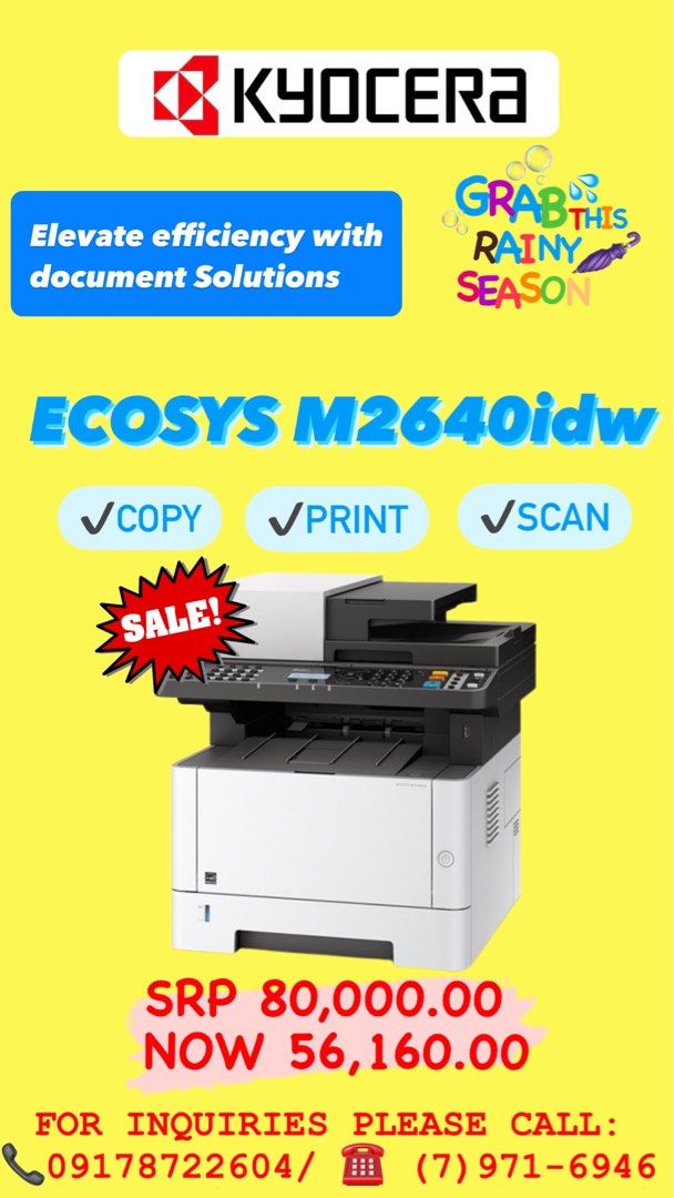 KYOCERA COPIER PRINTER SCANNER (Category: Printers, Scanners & Copiers) located in Manila. Submitted by kyoceraph (Listing ID 1311714627, Image 3). Description: ⚡️KYOCERA BIG SALE PROMO 🖨3 in 1 COPIER-PRINTER-SCANNER 🖨PERFECT FOR OFFICE AND BUSINESS USE 🖨️FOR BARANGAY AND SCHOOL USE 🖨️FOR GOVERNMENT AGENCIES & MASS PRODUCTION PRINTING ⛔️For as low as ₱ 44,280.00(COD) ⚡️MODE OF PAYMENT ✅Cash On Delivery ✅Bank Transfer / Bank Deposit ✅Dated Che