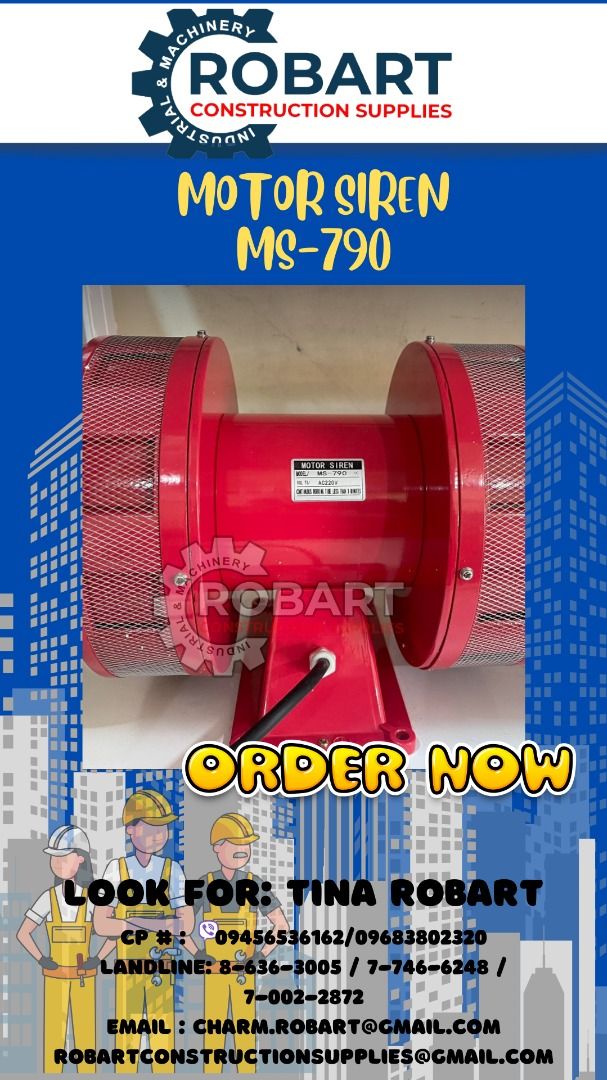 Motor Siren MS-790 (Category: Construction & Building Materials) located in Manila. Submitted by tina.sales (Listing ID 1311784341, Image 1). Description: Motor Siren MS-790 MS-190-₱520 Ms-290-₱1,000 Ms-390- ₱2,600 Ms-490- ₱6,800 Ms-590-₱17,000 Ms-690-₱25,000 Ms-790-₱28,000 SEND US MESSAGE FOR INQUIRIES ‼️‼️ ~~TINA ROBART~~ 0 9 4 5 6 5 3 6 1 6 2 0 9 6 8 3 8 0 2 3 2 0 LANDLINE: 8 6 3 6 3 0 0 5 / 7 7 4 6 6 2 4 8 / 7 0 0 2 2 8 7 2 EMAIL : c h a r m.