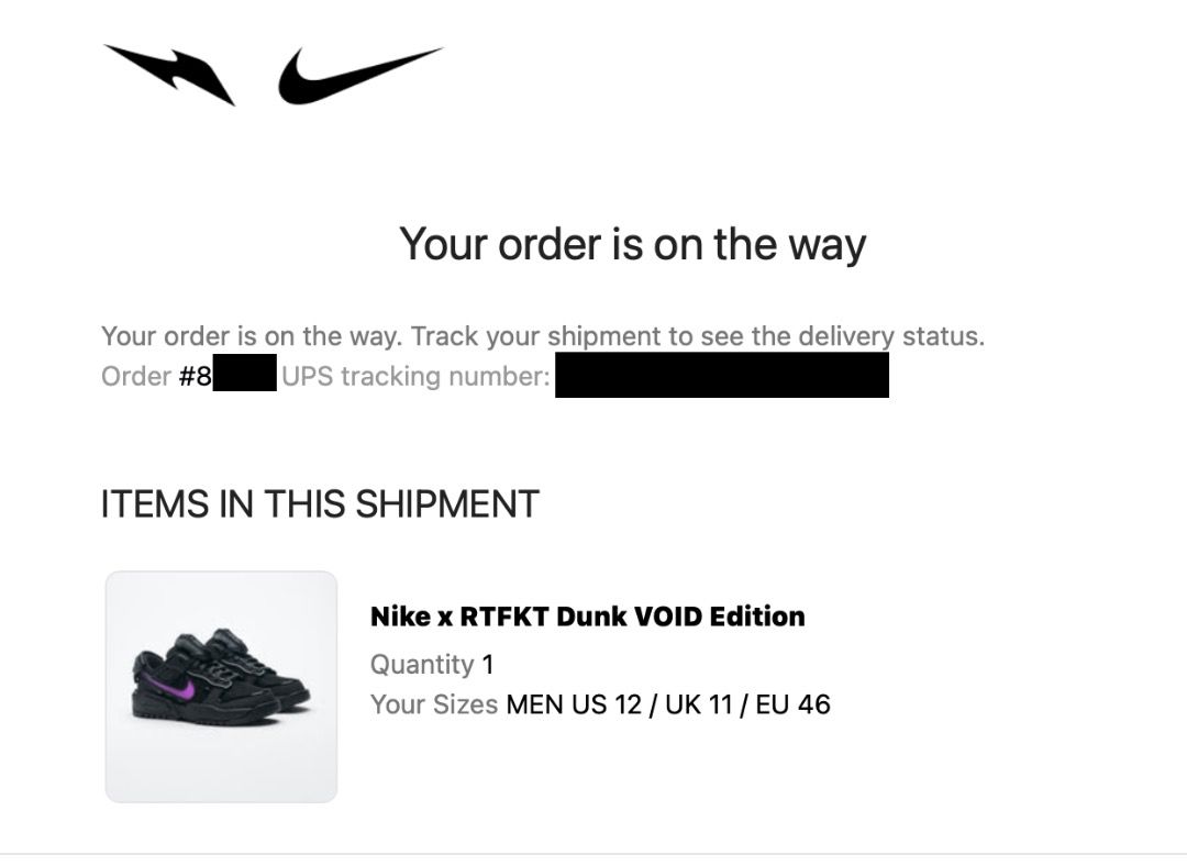 Delivered Nike Package Tracker Nike X RTFKT Dunk Voids Edition