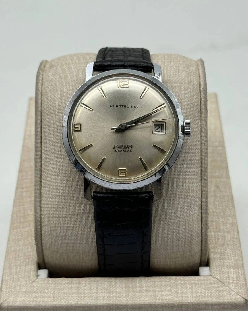 Norstel & Co Incabloc Silver Dial Leather Strap (Category: Luxury Watches) located in Manila. Submitted by _classicwatchcollection (Listing ID 1311782258, Image 1). Description: FS: Norstel & Co Incabloc Silver Dial Leather Strap Php: 6,000 Condition: 8/10 (Goodworking) Movement: Automatic Case size: 34mm Unit only. Pm or Contact 09063027061 for inquiries..