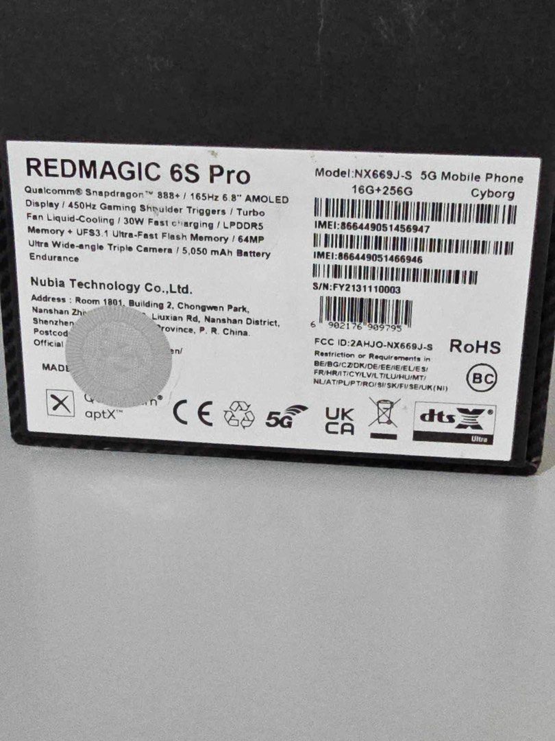 Redmagic 6S Pro Dual Sim 16/256 (Category: Android Others) located in Rizal. Submitted by dailyfindsphl (Listing ID 1311839545, Image 3). Description: For Sale! Redmagic 6S Pro 16Gb ram 256Gb rom Cyborg color Box is opened but unit is Brand new Pm if interested.